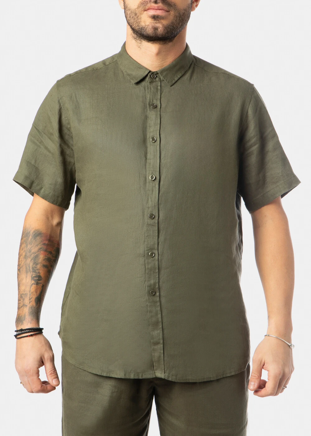 100% Linen Khaki Classic Shirt w/ Short Sleeves